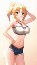 Rule 34 | 1girl, absurdres, alternate breast size, arm up, bandeau, bare arms, bare shoulders, belt, black belt, blonde hair, blush, breasts, camisole, commentary, cowboy shot, cutoffs, denim, denim shorts, fate/apocrypha, fate (series), green eyes, highres, large breasts, long hair, looking at viewer, midriff, mordred (fate), mordred (fate/apocrypha), navel, ponytail, short shorts, shorts, smile, solo, sorak, spaghetti strap, standing, stomach, thighs