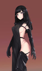Rule 34 | 1girl, areola slip, armor, armored boots, armpit peek, arms at sides, artist name, asymmetrical clothes, black dress, black eyes, black footwear, black hair, blunt bangs, boots, closed mouth, covered erect nipples, cowboy shot, degi (dnxor63), dress, expressionless, facial mark, gauntlets, girls&#039; frontline, gradient background, hair ornament, hairclip, highres, long hair, long sleeves, looking at viewer, midriff, nyto (girls&#039; frontline), adeline (girls&#039; frontline), purple background, purple pupils, shoulder armor, single sleeve, solo, thigh boots, thighhighs, whisker markings