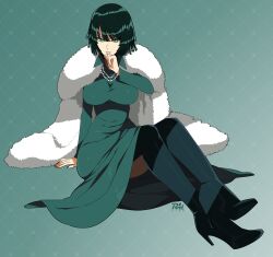 Rule 34 | 1girl, artist name, black footwear, bob cut, boots, breasts, coat, coat on shoulders, collared dress, dress, fubuki (one-punch man), full body, fur coat, green dress, green eyes, green hair, hand on own chin, high heel boots, high heels, highres, impossible clothes, jewelry, large breasts, necklace, one-punch man, parted lips, pearl necklace, r3dfive, short hair, sitting, solo, taut clothes, thigh boots