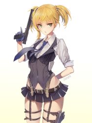 Rule 34 | 1girl, blonde hair, blue gloves, blue neckwear, bolt action, braid, commentary request, corset, damda, girls&#039; frontline, gloves, green eyes, gun, handgun, holding, holding gun, holding weapon, holster, integral suppressor, integrally-suppressed firearm, looking at viewer, shirt, short hair, skirt, solo, suppressor, thigh holster, thigh strap, twintails, weapon, welrod, welrod mk ii, welrod mkii (girls&#039; frontline)