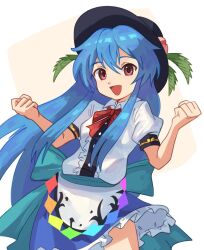 Rule 34 | 1girl, :d, apron, back bow, blue bow, blue hair, blue skirt, bow, bowtie, clenched hand, collared shirt, commentary request, cowboy shot, frilled skirt, frills, happy, hinanawi tenshi, long hair, miniskirt, open mouth, peach hat ornament, plus2sf, puffy short sleeves, puffy sleeves, rainbow order, red bow, red bowtie, red eyes, shirt, short sleeves, simple background, skirt, smile, solo, touhou, upper body, very long hair, waist apron, waist bow, white apron, white background, white shirt