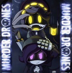 Rule 34 | 1boy, 1girl, beanie hat, choker, claws, coat, copyright name, fangs, glitch productions, hat, highres, murder drones, n (murder drones), purple eyes, purple hair, robot, saliva, size difference, tail, uzi (murder drones)