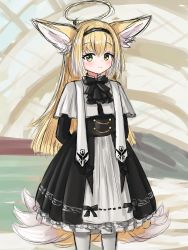 Rule 34 | 1girl, absurdres, animal ears, arknights, arms behind back, black bow, black dress, black hairband, blonde hair, blush, bow, closed mouth, commentary, dress, fox ears, fox girl, fox tail, frilled dress, frills, gothic lolita, green eyes, hairband, halo, highres, indoors, kitsune, lolita fashion, long hair, looking at viewer, multicolored hair, pantyhose, rylaera, sketch, smile, solo, standing, suzuran (arknights), tail, two-tone hair, very long hair, white hair, white pantyhose