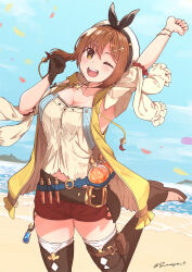 Rule 34 | 1girl, ;d, absurdres, arm up, atelier (series), atelier ryza, atelier ryza 1, beach, belt, belt buckle, beret, black hairband, blue sky, boots, bow hairband, bracelet, breasts, bridal legwear, brown belt, brown eyes, brown footwear, brown gloves, brown hair, buckle, close-up, commentary request, detached sleeves, falling petals, flask, gloves, hair between eyes, hair ornament, hairband, hairclip, hand up, hat, highres, holster, jacket, jewelry, leather, leather belt, leather gloves, looking at viewer, medium breasts, midriff peek, necklace, ocean, one eye closed, open mouth, outdoors, outstretched arm, petals, red shorts, reisalin stout, round-bottom flask, s-masa 7131, shirt, short hair, short shorts, shorts, sidelocks, single glove, sky, sleeveless, sleeveless jacket, sleeveless shirt, smile, solo, standing, standing on one leg, star (symbol), star necklace, thigh boots, thigh holster, thighhighs, thighhighs under boots, toeless footwear, toes, twitter username, white headwear, white shirt, white sleeves, white thighhighs, yellow jacket
