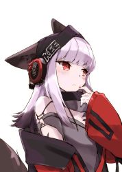 Rule 34 | 1girl, animal ears, arknights, bare shoulders, blush, closed mouth, commentary, e-bushi, ears through headwear, fox ears, fox girl, frostleaf (arknights), headphones, highres, jacket, long hair, nail polish, off-shoulder shirt, off shoulder, red eyes, shirt, silver hair, solo