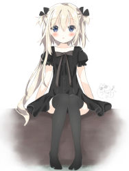 Rule 34 | 1girl, :o, black dress, black ribbon, black thighhighs, blonde hair, blue eyes, blush, brick wall, collarbone, dress, full body, hair between eyes, hair ribbon, long hair, looking at viewer, original, parted lips, puffy short sleeves, puffy sleeves, ribbon, short hair with long locks, short sleeves, signature, simple background, sitting, solo, thighhighs, tia-chan, two side up, uchuuneko, very long hair, white background