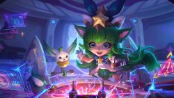 Rule 34 | 1girl, artist request, bow, bowtie, broken, energy, gloves, green bow, green bowtie, green eyes, green hair, green skirt, hair ornament, holding, holding with tail, holding wrench, league of legends, legends of runeterra, little legend, long hair, lulu (league of legends), miniskirt, pleated skirt, pointy ears, prehensile tail, shirt, skirt, smile, solo, spacecraft interior, star (symbol), star guardian (league of legends), star guardian lulu, tail, tears, teeth, tongue, tongue out, upper teeth only, white footwear, white gloves, white shirt, wrench, yordle