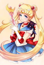 Rule 34 | 1girl, bbcat1984, bishoujo senshi sailor moon, blonde hair, blue eyes, blue sailor collar, blue skirt, bow, brooch, cat, choker, double bun, elbow gloves, gloves, hair ornament, hairpin, jewelry, long hair, luna (sailor moon), maboroshi no ginzuishou, magical girl, moon stick, pleated skirt, red bow, ribbon, sailor collar, sailor moon, skirt, smile, tsukino usagi, twintails, white gloves, yellow background
