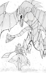 Rule 34 | 1boy, 1other, artist request, bare shoulders, claws, dragon, dragon tail, dragon wings, duel monster, flying, long hair, looking at another, malefic paradox dragon, monochrome, monster, muscular, paradox (yu-gi-oh!), sharp teeth, simple background, size difference, standing, tail, teeth, white background, wings, yu-gi-oh!, yu-gi-oh! 3d bonds beyond time