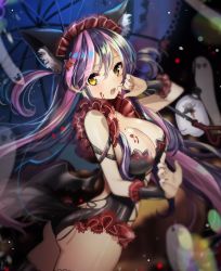 Rule 34 | 1girl, ambiguous red liquid, animal ears, ass, bad id, bad pixiv id, bat wings, black hair, blurry, blush, breasts, cleavage, cowboy shot, depth of field, fox ears, fox tail, frills, from side, gambe, ghost, halloween, halloween costume, highres, large breasts, long hair, looking at viewer, looking to the side, maid headdress, md5 mismatch, multicolored hair, nail polish, open mouth, original, pink hair, red nails, revealing clothes, sidelocks, solo, tail, two-tone hair, two side up, umbrella, very long hair, wings, yellow eyes