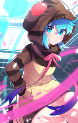 Rule 34 | 1girl, absurdres, bad id, bad pixiv id, blue eyes, blue hair, blush, bow, closed mouth, hands in pockets, highres, hood, hood up, hoodie, kemono friends, long sleeves, looking at viewer, pink bow, pink ribbon, ribbon, short hair, solo, takom, tsuchinoko (kemono friends)