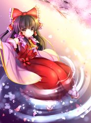 Rule 34 | 1girl, ascot, bow, branch, brown hair, cherry blossoms, detached sleeves, frown, geta, gradient background, hair bow, hair tubes, hakurei reimu, in water, long hair, looking at viewer, partially submerged, petals, ponytail, red eyes, ripples, rocaizy, sarashi, sidelocks, sitting, skirt, skirt set, solo, touhou