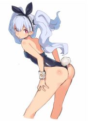 Rule 34 | 1girl, ass, bad id, bad pixiv id, bare arms, bare shoulders, bent over, black hairband, black leotard, black ribbon, rabbit tail, cropped legs, fake tail, frilled hairband, frills, hair between eyes, hair ribbon, hairband, leotard, long hair, looking at viewer, looking to the side, original, pink eyes, ribbon, shindou kamichi, silver hair, simple background, sketch, solo, standing, strapless, strapless leotard, tail, tareme, thighs, white background, wrist cuffs