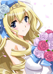 Rule 34 | 1girl, blonde hair, blue eyes, breasts, cecilia alcott, dress, drill hair, flower, gloves, infinite stratos, large breasts, long hair, looking at viewer, rose, smile, solo, wedding dress