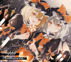 Rule 34 | 2girls, :d, alternate color, bat wings, black choker, black dress, black headwear, blonde hair, bow, bowtie, candle, candy, choker, closed mouth, commentary request, crystal, dress, flandre scarlet, food, frilled choker, frilled headwear, frills, grey hair, halloween, happy halloween, hat, holding, holding candy, holding food, holding lollipop, jack-o&#039;-lantern, lace-trimmed headwear, lace-trimmed sleeves, lace trim, lollipop, looking at viewer, medium hair, mob cap, multiple girls, open mouth, orange bow, orange bowtie, orange eyes, puffy short sleeves, puffy sleeves, remilia scarlet, short sleeves, silk, smile, spider web, touhou, twitter username, upper body, uzmee, wings