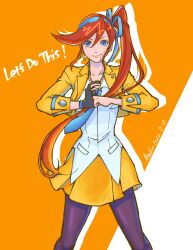 Rule 34 | 1girl, absurdres, ace attorney, athena cykes, blue eyes, blue necktie, blue ribbon, closed mouth, collared shirt, crescent, crescent earrings, cropped jacket, dated, earrings, fist in hand, gloves, hair between eyes, hair ribbon, highres, jacket, jewelry, long hair, long sleeves, necklace, necktie, open clothes, open jacket, orange background, orange hair, pantyhose, ribbon, shirt, side ponytail, signature, single earring, single glove, skirt, smile, solo, tsuki (applebeniakari), two-tone background, very long hair, white background, white shirt, yellow jacket, yellow skirt