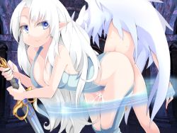 Rule 34 | blue eyes, cum, frfr, frottage, mon-musu quest!, one-piece swimsuit, swimsuit, tagme, thigh sex, victoria (mon-musu quest!), white hair