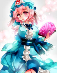 Rule 34 | 1girl, blue hat, blue kimono, commentary request, folding fan, grey background, hand fan, hat, holding, holding fan, japanese clothes, kimono, long sleeves, looking at viewer, mob cap, nagare, pink eyes, pink hair, saigyouji yuyuko, sash, short hair, solo, touhou, triangular headpiece