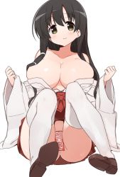 Rule 34 | 1girl, breasts, brown footwear, cleavage, happy, iwato kasumi, japanese clothes, large breasts, long hair, looking at viewer, miko, no bra, no panties, off shoulder, saki (manga), shisoneri, shoes, simple background, smile, solo, thighhighs, white background, white thighhighs