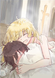 Rule 34 | 2girls, :d, absurdres, aftersex, ahoge, bare shoulders, bed, bed sheet, blonde hair, blush, body blush, brown hair, closed eyes, embarrassed, hair between eyes, highres, holding hands, hug, hug from behind, indoors, interlocked fingers, long hair, lying, multiple girls, naked sheet, on bed, open mouth, original, shared blanket, smile, tissue, under covers, used tissue, yuri