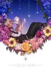 Rule 34 | 1boy, :d, amuro tooru, animal, black hoodie, black pants, blonde hair, blue flower, blush, casual, character name, chitose (chitose 70207), commentary request, dog, english text, closed eyes, flower, from side, gradient sky, hands up, happy, haro (meitantei conan), highres, holding, holding animal, holding dog, hood, hoodie, male focus, meitantei conan, night, night sky, open mouth, pants, pink flower, pun, purple flower, reclining, red flower, short hair, sky, sleeves rolled up, smile, star (sky), starry sky, white dog, white flower, yellow flower