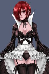 Rule 34 | 1girl, absurdres, black bra, black panties, black thighhighs, bra, breasts, choker, cleavage, eyelashes, garter straps, genderswap, genderswap (mtf), hair over one eye, high collar, highres, lace, lace-trimmed bra, lace trim, large breasts, lolita fashion, maid, oroo, panties, red eyes, red hair, revealing clothes, short hair, showgirl skirt, solo, the king of fighters, thighhighs, underwear, yagami iori