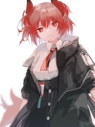 Rule 34 | 1girl, absurdres, animal ears, arknights, bird ears, black jacket, buttons, collared shirt, fiammetta (arknights), highres, id card, jacket, looking at viewer, nacoty, necktie, open clothes, open jacket, red eyes, red hair, red necktie, shirt, short hair, short sleeves, simple background, solo, upper body, white background, white shirt