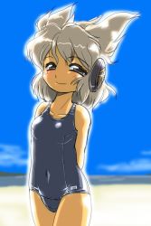 Rule 34 | 1girl, arms behind back, beach, blue sky, blurry, blush, brown eyes, covered navel, day, depth of field, earmuffs, one-piece swimsuit, outdoors, platinum blonde hair, pointy hair, school swimsuit, sky, smile, solo, swimsuit, touhou, toyosatomimi no miko, winn