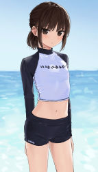 Rule 34 | 1girl, akipeko, black shorts, blue sky, breasts, brown eyes, brown hair, clear sky, crop top, cropped legs, day, expressionless, highres, horizon, long hair, looking at viewer, midriff, navel, ocean, original, outdoors, parted lips, raglan sleeves, rash guard, shirt, short shorts, shorts, sidelocks, sky, small breasts, solo, stomach, swimsuit, thighs