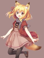 Rule 34 | 1girl, animal ears, blonde hair, bow, fang, fox ears, fox tail, hair bow, highres, kirara m. sunlight, looking at viewer, open mouth, original, pantyhose, short hair, simple background, solo, standing, standing on one leg, tail, yatsuki yura, yellow eyes
