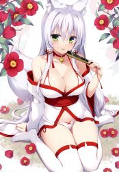 Rule 34 | 1girl, absurdres, animal ear fluff, animal ears, bell, breasts, camellia, choker, cleavage, collarbone, flower, folded fan, folding fan, fox ears, fox tail, green eyes, hair between eyes, hair tubes, hand fan, highres, holding, holding fan, japanese clothes, jingle bell, kimono, large breasts, long hair, looking at viewer, navel, neck bell, obi, off shoulder, original, panties, parted lips, sash, scan, short kimono, sidelocks, silver hair, sitting, smile, solo, tail, thighhighs, underwear, wariza, white kimono, white panties, white thighhighs, wide sleeves, yuzu modoki
