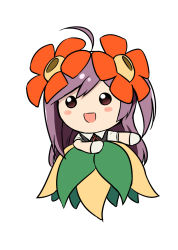 Rule 34 | 1girl, :d, ahoge, bellossom, bellossom (cosplay), blouse, blush stickers, commentary request, cosplay, creatures (company), flower, game freak, gen 2 pokemon, gloves, hagikaze (kancolle), hair flower, hair ornament, highres, kamelie, kantai collection, leaf, leaf skirt, long hair, looking at viewer, nintendo, open mouth, pokemon, purple hair, shirt, side ponytail, simple background, smile, solo, vest, white background, white gloves, white shirt