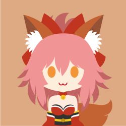 Rule 34 | 1girl, :3, animal ear fluff, animal ears, bare shoulders, bell, bow, breasts, collar, detached sleeves, fate/grand order, fate (series), fox ears, fox girl, fox tail, hair bow, hair ribbon, japanese clothes, jingle bell, kimono, large breasts, long hair, looking at viewer, neck bell, orange background, pink hair, ponytail, red kimono, red ribbon, ribbon, room katze, simple background, solo, tail, tamamo (fate), tamamo cat (fate), yellow eyes