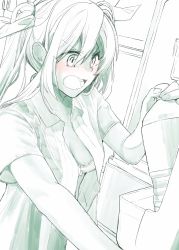 Rule 34 | 10s, 1girl, blush, bottle, bra, breasts, cleavage, collarbone, collared shirt, commentary, fang, frown, hair between eyes, hair ribbon, highres, holding, holding bottle, kantai collection, long hair, monochrome, multiple monochrome, open clothes, open mouth, open shirt, refrigerator, ribbon, shirt, short sleeves, solo, tone (kancolle), twintails, underwear, upper body, yami (m31)