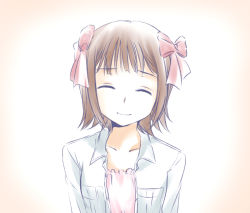 Rule 34 | 1girl, ^ ^, amami haruka, closed eyes, collarbone, ds (artist), ds (ndsl), closed eyes, hair ribbon, idolmaster, idolmaster (classic), jacket, long sleeves, open clothes, open jacket, pocket, red ribbon, ribbon, smile, solo, upper body