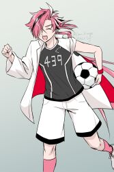 Rule 34 | 1boy, :d, ball, closed eyes, eyebrow cut, fate/grand order, fate (series), hair over one eye, highres, jacket, long sleeves, low ponytail, male focus, multicolored hair, open mouth, red hair, shirt, shorts, simple background, smile, soccer ball, soccer uniform, socks, solo, sportswear, streaked hair, takasugi shinsaku (fate), twitter username, white jacket, wristband