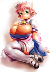 Rule 34 | 1girl, bell, bow, breast suppress, breasts, bursting breasts, cleavage, cleavage cutout, clothing cutout, cowbell, elfleda mirjasdottir, green eyes, green hair, horns, huge breasts, large bow, lotte no omocha!, maid, maid headdress, matching hair/eyes, moriichi, pink hair, plump, pointy ears, shoes, short hair, smile, solo, thick thighs, thighhighs, thighs