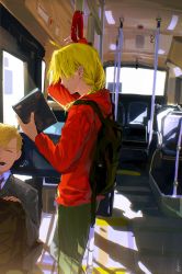 Rule 34 | 2boys, adapted costume, aimitkkays, alphonse elric, arm up, backpack, bag, blazer, blonde hair, book, braid, braided ponytail, brother and sister, bus interior, collared shirt, contemporary, covered eyes, day, facing viewer, fullmetal alchemist, grey jacket, hair over eyes, hair over shoulder, hand grip, hand up, highres, holding, holding book, hood, hood down, hoodie, jacket, long hair, long sleeves, male focus, multiple boys, open mouth, out of frame, pants, profile, red hoodie, seat, shirt, siblings, single braid, sitting, solo focus, standing, tears, unworn backpack, unworn bag, winry rockbell, yawning