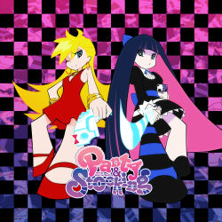 Rule 34 | 10s, 2girls, bare shoulders, black hair, blonde hair, blue eyes, bracelet, checkered background, dress, earrings, foreshortening, from below, gun, izumi sai, jewelry, looking down, lots of jewelry, multiple girls, one eye closed, panty &amp; stocking with garterbelt, panty (psg), red dress, short dress, siblings, sisters, smile, stocking (psg), striped clothes, striped legwear, striped thighhighs, sword, thighhighs, weapon, wink