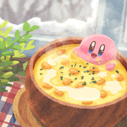 Rule 34 | bowl, food, in food, kirby, kirby (series), miclot, nintendo, no humans, plant, solo, soup, steam, table, window, wooden bowl