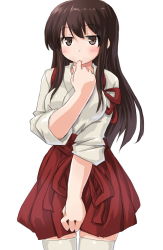 Rule 34 | 10s, 1girl, akagi (kancolle), blush, brown eyes, brown hair, dd (ijigendd), finger in own mouth, japanese clothes, kantai collection, long hair, muneate, simple background, solo, thighhighs, white background, white thighhighs, zettai ryouiki