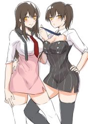 Rule 34 | 10s, 2girls, akagi (kancolle), alternate costume, arm around waist, black legwear, breast press, breasts, brown hair, cleavage, cleavage cutout, clothing cutout, commentary request, fukuroumori, hand on another&#039;s hip, hand on own hip, kaga (kancolle), kantai collection, large breasts, long hair, looking at viewer, multiple girls, necktie, necktie grab, neckwear grab, orange eyes, side ponytail, sidelocks, sketch, sleeves rolled up, smile, suspenders, thighhighs, white background, white legwear