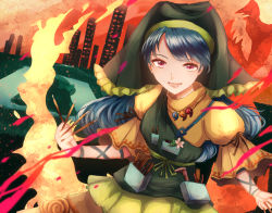 Rule 34 | 1girl, abstract background, apron, arm ribbon, arm up, between fingers, blue hair, caliper (sculpture), chisel, cityscape, cowboy shot, dress, fire, flower, green apron, green headwear, haniyasushin keiki, high collar, holding, hood, jewelry, layered dress, long hair, looking at viewer, lower teeth only, magatama, magatama necklace, necklace, open mouth, pliers, puffy short sleeves, puffy sleeves, red background, red eyes, ribbon, sango (coral0707), short sleeves, solo, surreal, swept bangs, teeth, touhou, very long hair, yellow dress