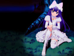 Rule 34 | 1girl, animal ears, blue eyes, blue hair, blush, boots, cat ears, cat girl, choker, collarbone, detached sleeves, dress, grass, hairband, hazuki (tsukuyomi), jewelry, lolita fashion, long hair, long sleeves, looking at viewer, necklace, night, puffy sleeves, short sleeves, sitting, sky, smile, thighhighs, tree, tsukuyomi moonphase, white dress, white footwear, white thighhighs