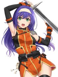 Rule 34 | 1girl, bare shoulders, belt, breasts, detached sleeves, fingerless gloves, fire emblem, fire emblem: path of radiance, fire emblem heroes, gloves, green eyes, hairband, headband, highres, inanaki shiki, long hair, looking at viewer, medium breasts, mia (fire emblem), nintendo, purple hair, smile, solo, sword, weapon, white hairband