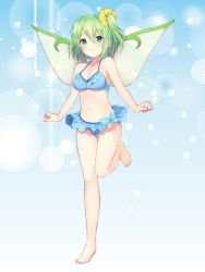 Rule 34 | 1girl, arms at sides, bare arms, bare legs, barefoot, bikini, blue bikini, blush, breasts, chitetan, cleavage, commentary request, daiyousei, fairy wings, frilled bikini, frills, full body, green eyes, green hair, hair between eyes, jpeg artifacts, looking at viewer, medium breasts, navel, side ponytail, smile, solo, standing, standing on one leg, swimsuit, thigh gap, touhou, wings