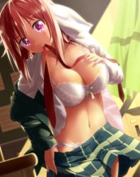 Rule 34 | 1girl, blush, bra, breasts, cleavage, clothes pull, collarbone, dress shirt, dutch angle, goribote, hair ribbon, heart, heart-shaped pupils, lace, lace-trimmed bra, lace-trimmed panties, lace trim, large breasts, long sleeves, looking at viewer, mouth hold, navel, necktie, open clothes, open shirt, panties, pink eyes, red hair, ribbon, sakura trick, school uniform, shirt, skirt, skirt pull, smile, solo, symbol-shaped pupils, takayama haruka, underwear, undressing, white bra, white panties