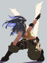 Rule 34 | 1girl, arm pouch, attack, bare shoulders, blue eyes, blue hair, boots, combat boots, crop top, dog tags, earrings, highres, jewelry, leona heidern, midriff, navel, pocket, ponytail, sincostan0148, slashing, sleeveless, soldier, solo, squatting, tank top, the king of fighters, the king of fighters xv, toned, triangle earrings, v, yellow tank top