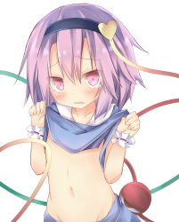 Rule 34 | 1girl, bad id, bad pixiv id, blush, censored, clothes lift, convenient censoring, eyeball, hairband, heart, highres, komeiji satori, looking at viewer, midriff, namayakeinu, navel, open mouth, pink eyes, pink hair, shirt lift, short hair, simple background, skirt, solo, string, sweat, tears, third eye, touhou, upper body, white background, wrist cuffs