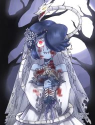 Rule 34 | 1girl, apple seal, blood, blood on clothes, blood on face, blood stain, bloody tears, blue hair, blue skin, bouquet, colored skin, dress, facing viewer, flower, hair over one eye, leviathan (skullgirls), looking up, red eyes, side ponytail, skeletal arm, skullgirls, smile, solo, squigly (skullgirls), stitched mouth, stitches, tree, veil, wedding dress, zombie